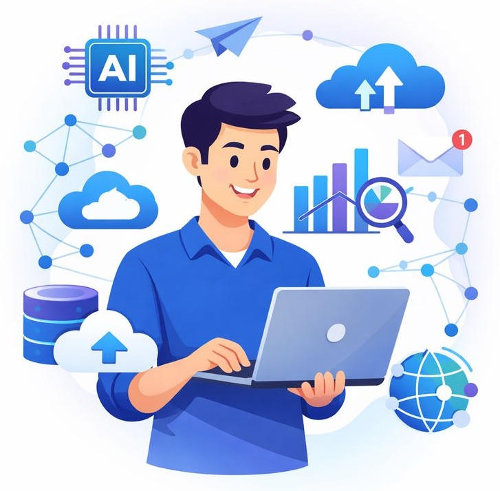 Người dùng làm việc trên máy tính với các biểu tượng dữ liệu, đám mây và trí tuệ nhân tạo - minh họa giải pháp công nghệ và chuyển đổi số