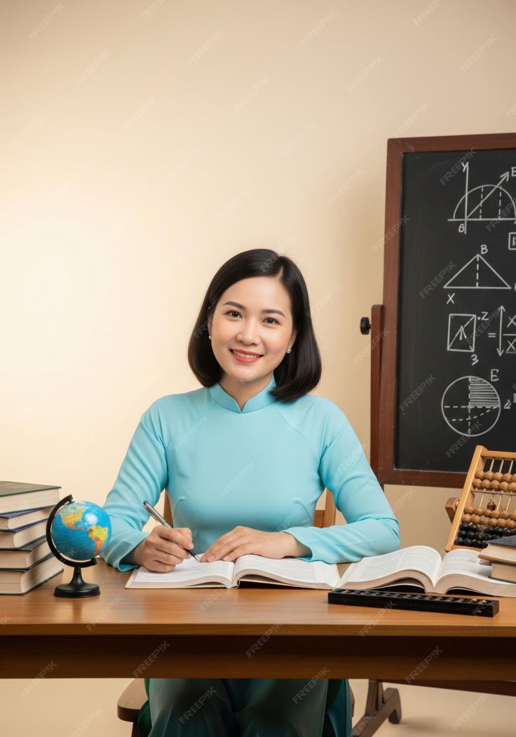 Nữ giáo viên mặc áo dài ngồi tại bàn làm việc trong lớp học, bên cạnh sách và quả địa cầu